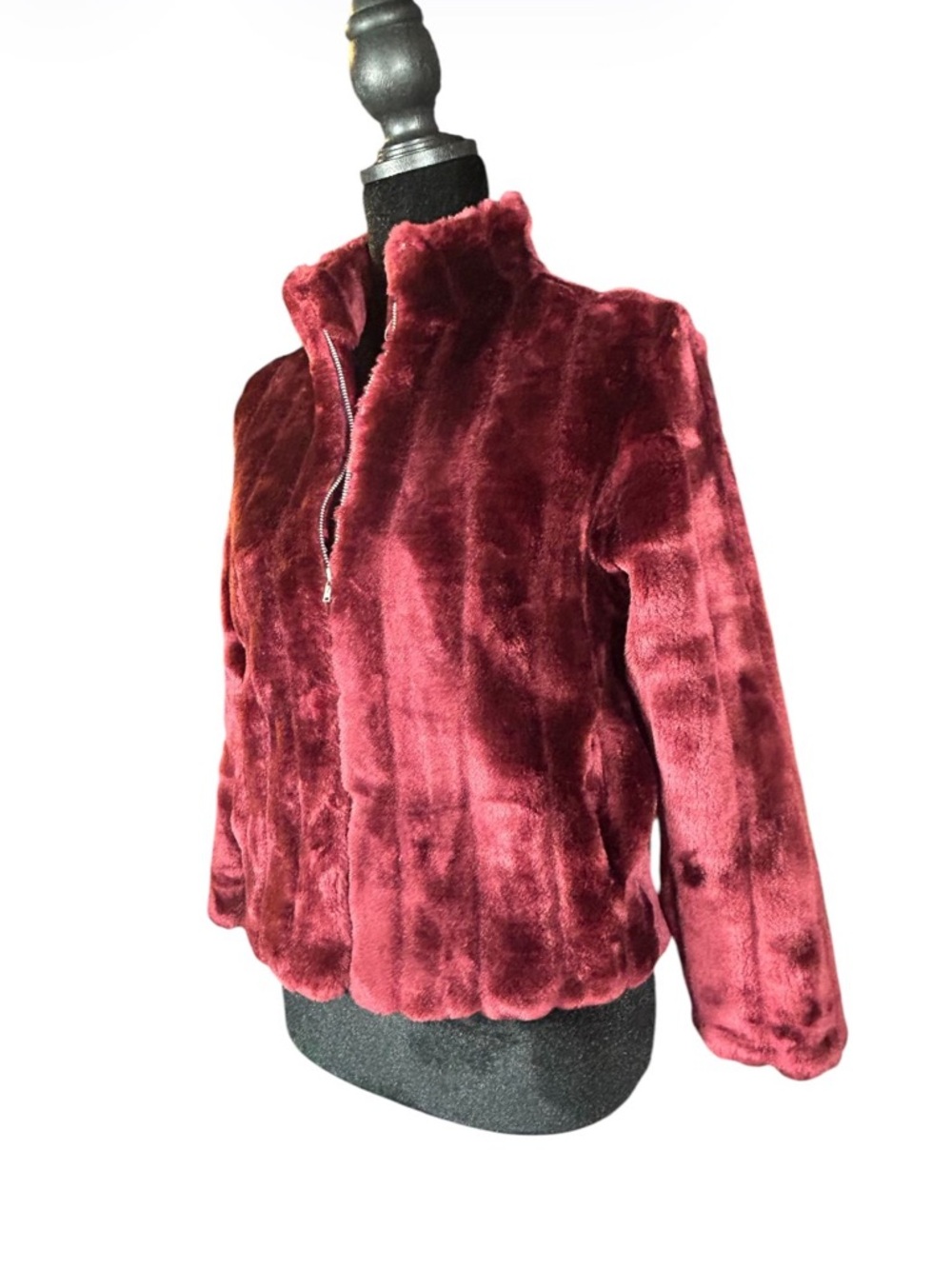 Saga Plush Burgundy Faux Fur Jacket Small Merlot Red Luxury Winter Coat Mob Wife
